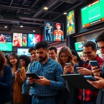 Engaged bettors exploring sportsbooks in Georgia amidst an energetic urban setting.