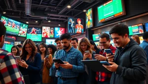 Engaged bettors exploring sportsbooks in Georgia amidst an energetic urban setting.