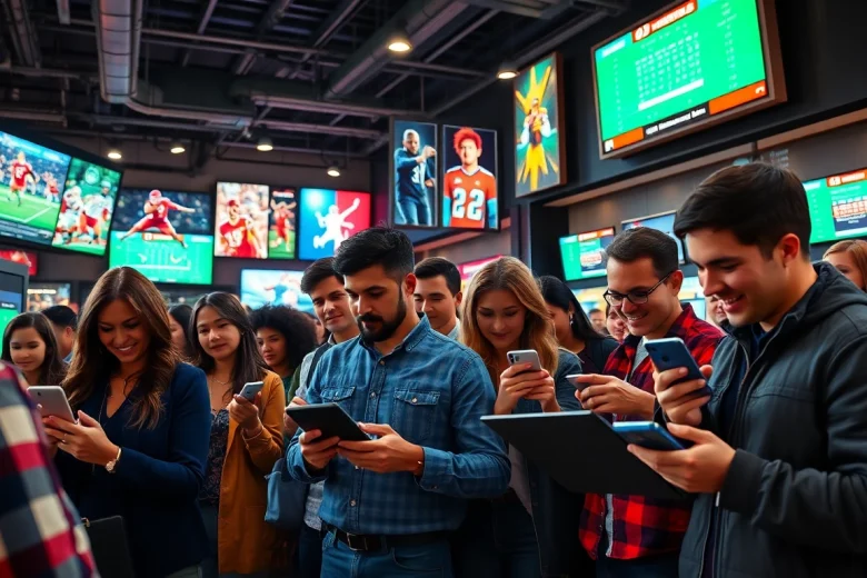 Engaged bettors exploring sportsbooks in Georgia amidst an energetic urban setting.