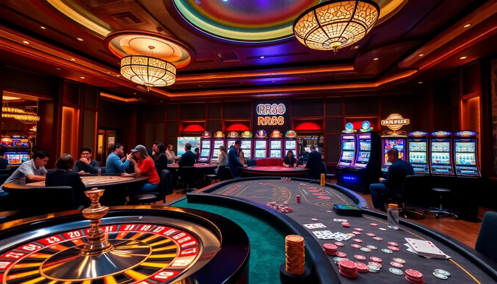 Experience the luxury thrill at RR88, showcasing vibrant gaming tables and immersive casino elements.