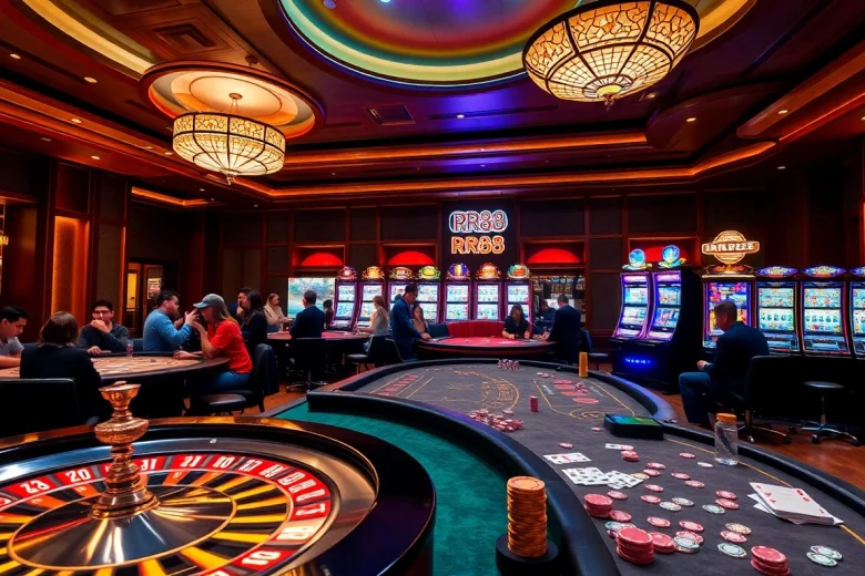 Experience the luxury thrill at RR88, showcasing vibrant gaming tables and immersive casino elements.