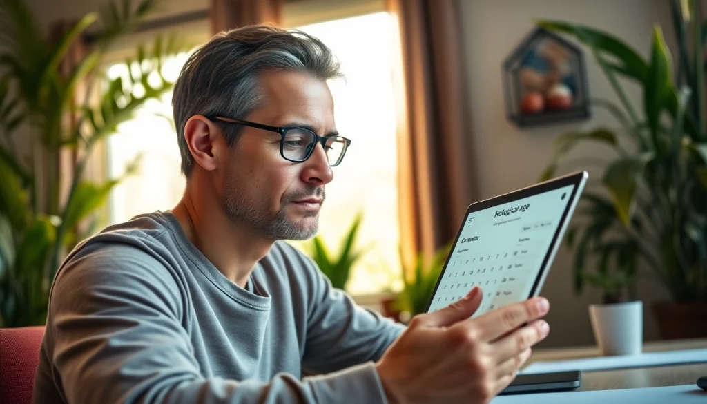 Calculate your biological age with this stylish biological age calculator in a calm home office.