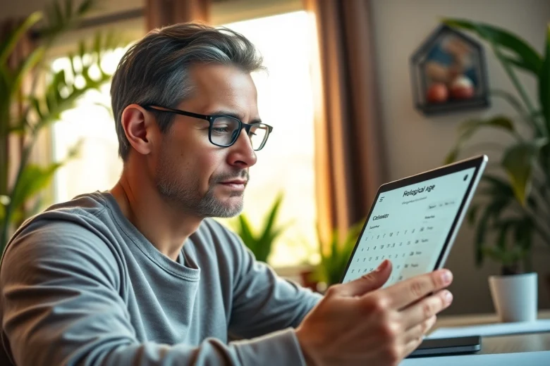 Calculate your biological age with this stylish biological age calculator in a calm home office.