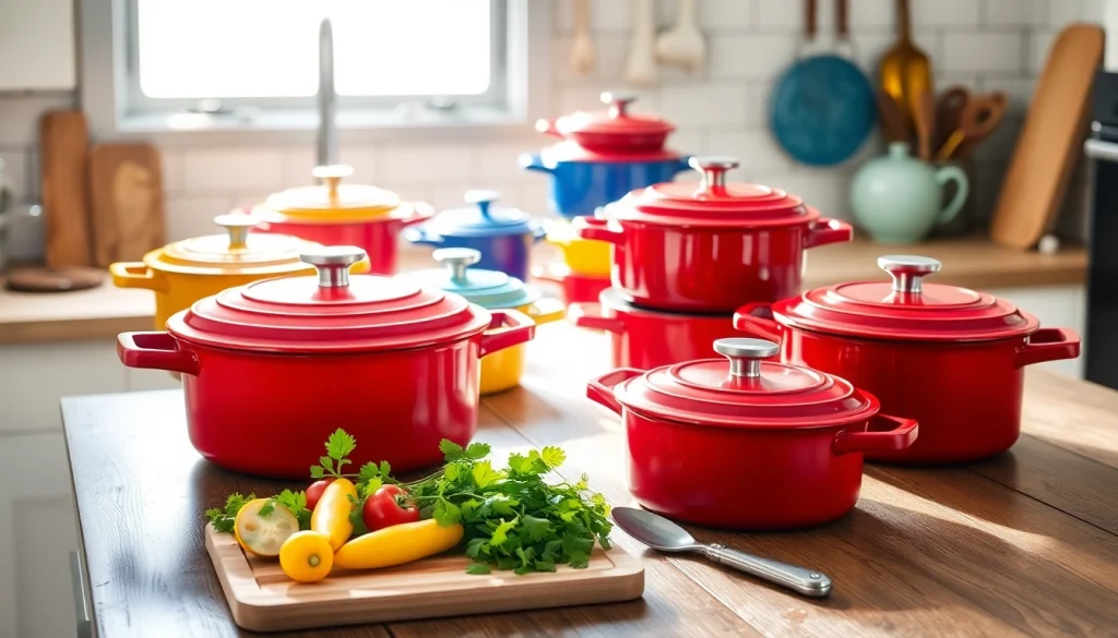 Find where to buy Le Creuset in NZ with colorful cookware beautifully arranged in a kitchen.