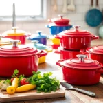 Find where to buy Le Creuset in NZ with colorful cookware beautifully arranged in a kitchen.