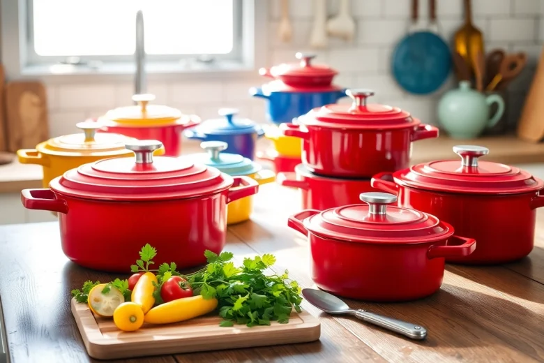 Find where to buy Le Creuset in NZ with colorful cookware beautifully arranged in a kitchen.