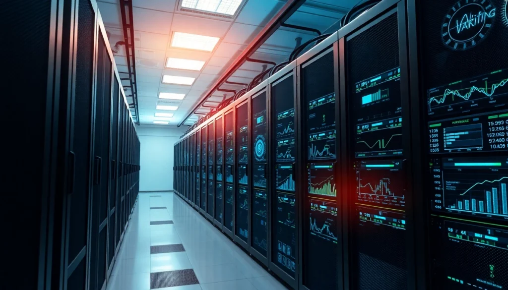 Crypto cloud mining data center with advanced AI technology, showcasing modern servers and digital performance metrics.