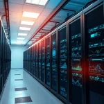 Crypto cloud mining data center with advanced AI technology, showcasing modern servers and digital performance metrics.