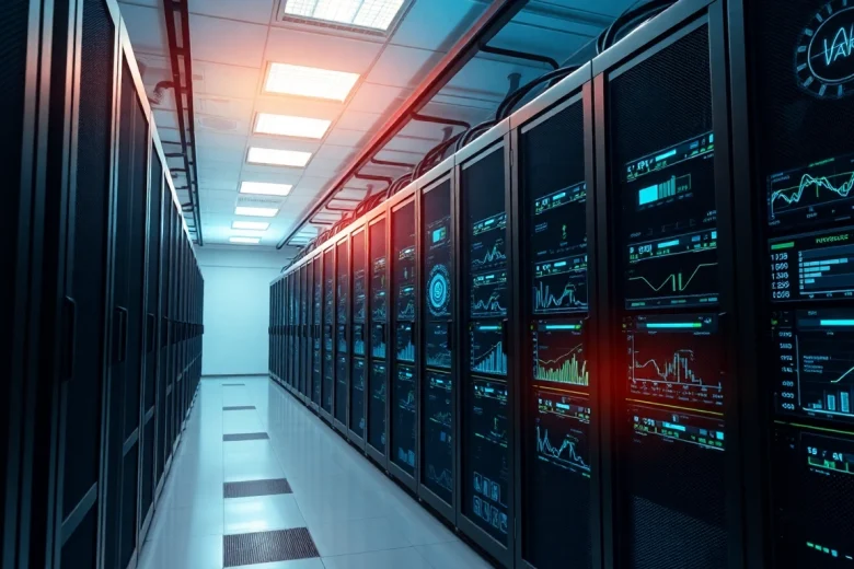 Crypto cloud mining data center with advanced AI technology, showcasing modern servers and digital performance metrics.