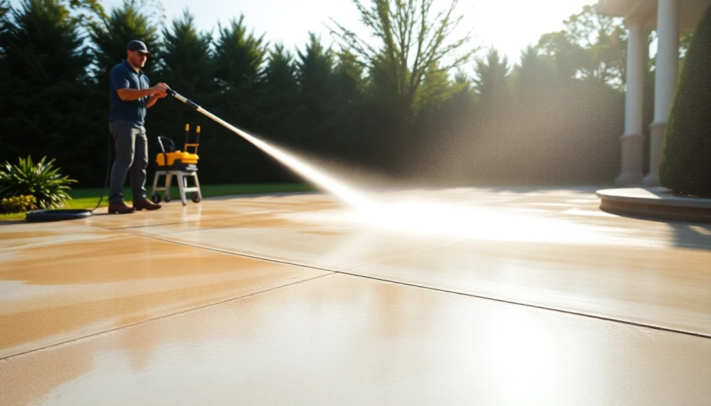 Concrete cleaning service in action on a driveway, showcasing effective washing techniques.