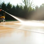 Concrete cleaning service in action on a driveway, showcasing effective washing techniques.
