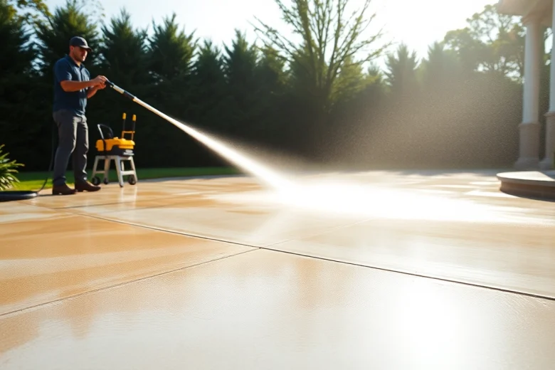 Concrete cleaning service in action on a driveway, showcasing effective washing techniques.