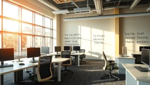 Visually engaging typing center with modern desks and natural light inviting users to enhance typing skills.