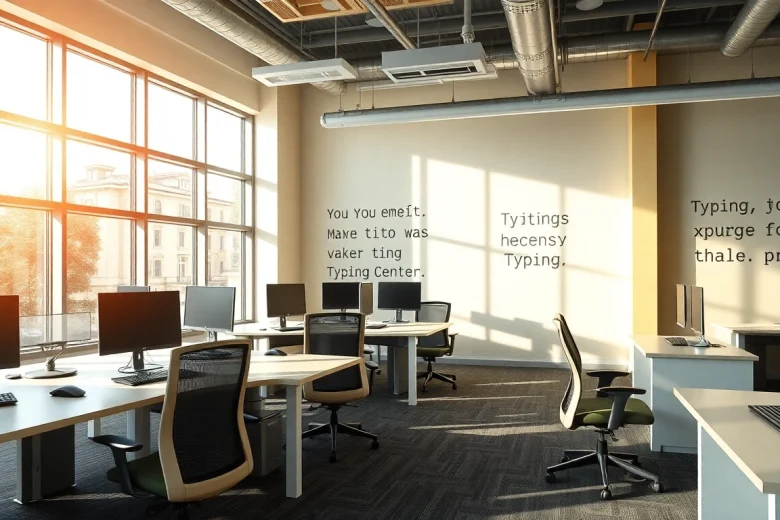 Visually engaging typing center with modern desks and natural light inviting users to enhance typing skills.