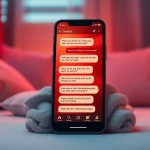Sexting AI chatbot interaction on a smartphone in a cozy setting