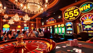 Experience the thrill of 555 win at a luxurious casino with poker chips and spinning roulette.