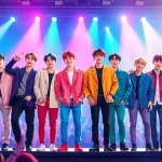 BTS members performing energetically on stage during a concert with vibrant lighting.