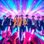 BTS members performing together, showcasing their dynamic energy and vibrant atmosphere at a concert.
