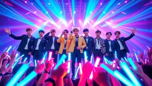 BTS members performing together, showcasing their dynamic energy and vibrant atmosphere at a concert.