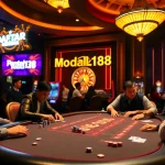 Engage with the thrill of "Daftar Modal138" at a luxurious poker table in a vibrant casino.