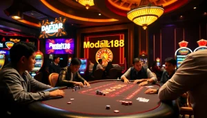 Engage with the thrill of "Daftar Modal138" at a luxurious poker table in a vibrant casino.