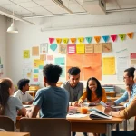 Education-focused classroom with diverse students engaging in collaborative learning.