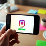 Experience the instapro apk download process on a smartphone in a modern workspace.