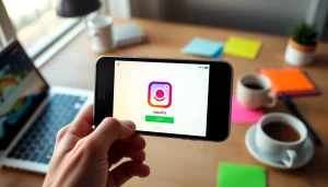 Experience the instapro apk download process on a smartphone in a modern workspace.