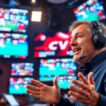 Engaging sports broadcasting studio showcasing live events with a commentator.