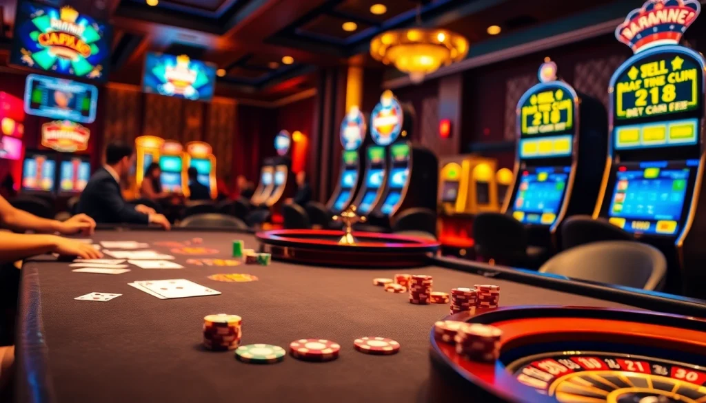 Players enjoying thrilling games at the S8 casino, with vibrant chips and elegant tables.