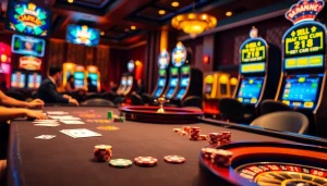 Players enjoying thrilling games at the S8 casino, with vibrant chips and elegant tables.