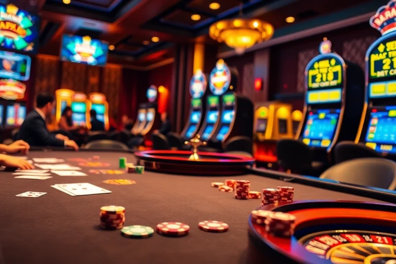 Players enjoying thrilling games at the S8 casino, with vibrant chips and elegant tables.