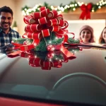Family gifting a Christmas car detailing gift with joy and holiday decorations.