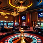 Engage with the thrill of daftar akun Naga169 in a luxurious casino scene showcasing vibrant slot machines and dynamic online betting.