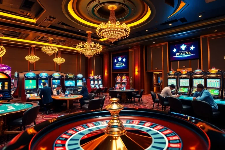 Engage with the thrill of daftar akun Naga169 in a luxurious casino scene showcasing vibrant slot machines and dynamic online betting.