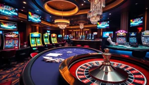 A thrilling gaming scene at https://soibet.vision/ with vibrant casino tables, elegant dealers, and bustling players.