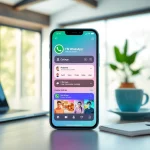 FM WhatsApp download interface showcased on a smartphone in a modern workspace, highlighting customization features.