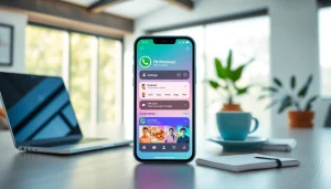 FM WhatsApp download interface showcased on a smartphone in a modern workspace, highlighting customization features.