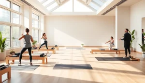 台東区の明るいピラティススタジオで、熱心にエクササイズに取り組む参加者と、さまざまな運動とインストラクターを紹介している様子。