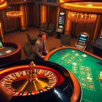 XSMB247 players strategizing at a glamorous casino table with poker chips and a roulette wheel.