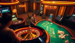 XSMB247 players strategizing at a glamorous casino table with poker chips and a roulette wheel.