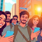 Explore OnlyFans Nearby Creators in a vibrant urban setting with engaged individuals using smartphones.