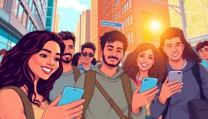 Explore OnlyFans Nearby Creators in a vibrant urban setting with engaged individuals using smartphones.