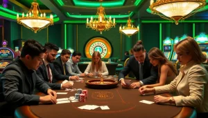 S88 nhà cái – players strategizing at a high-stakes poker table in a luxurious casino setting.