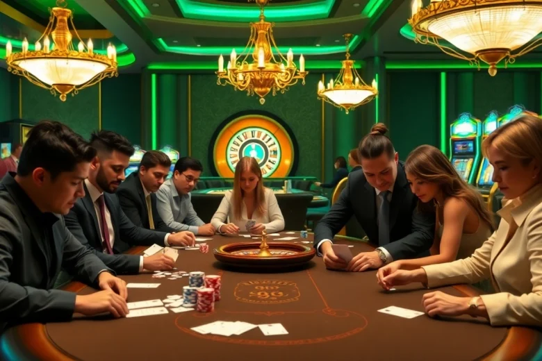 S88 nhà cái – players strategizing at a high-stakes poker table in a luxurious casino setting.