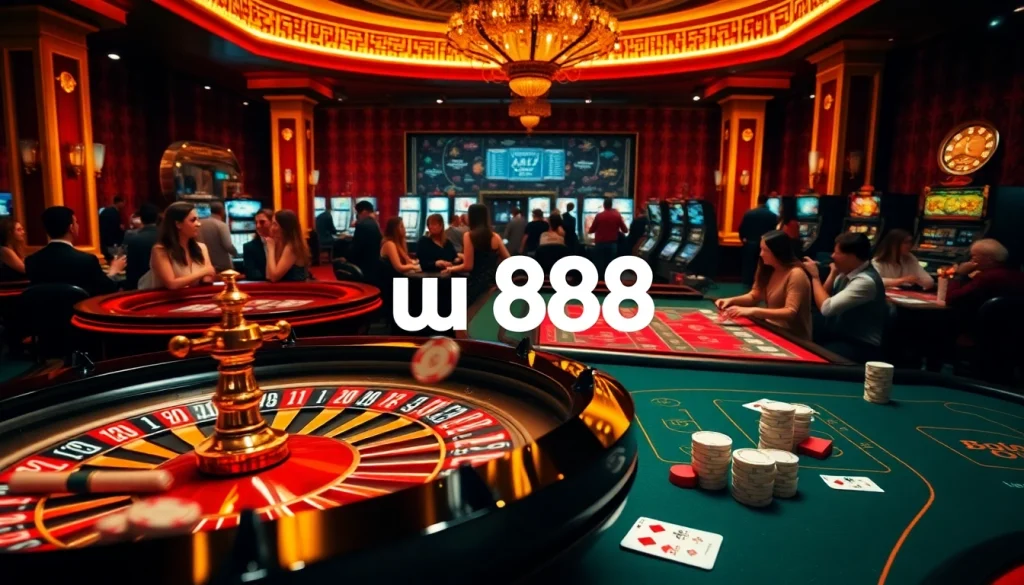 A dynamic casino scene showcasing the thrill of u 888 with roulette, poker tables, and vibrant slot machines.