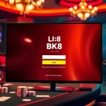 Engaging BK8 login interface within a luxurious casino environment, showcasing gaming excitement.