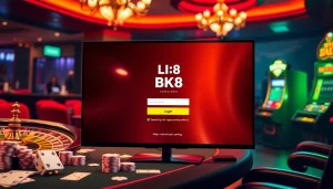 Engaging BK8 login interface within a luxurious casino environment, showcasing gaming excitement.