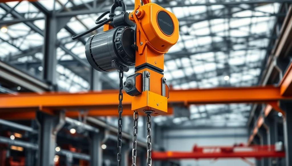 Electric chain hoist crane lifting a heavy steel beam in a modern industrial setting.