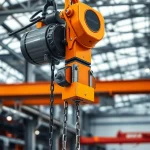 Electric chain hoist crane lifting a heavy steel beam in a modern industrial setting.